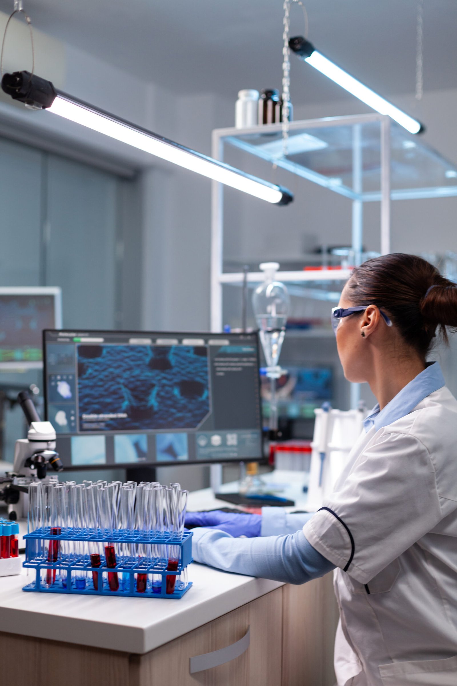 biochemistry doctor analyzing virus infection developing pharmaceutical treatment